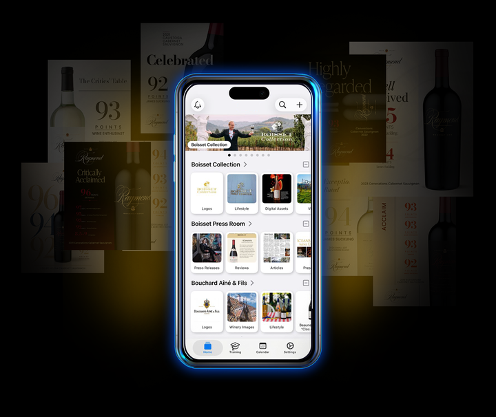 The Boisset Collection media network app shown on a phone