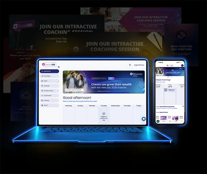 The Discovery Social 360 content and social platform shown on a laptop and phone