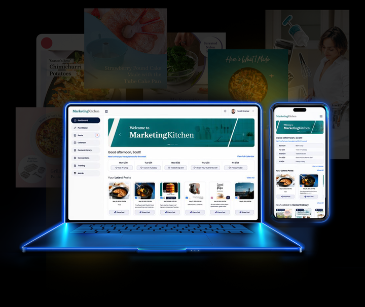 The Pampered Chef Marketing Kitchen platform shown on a laptop and phone