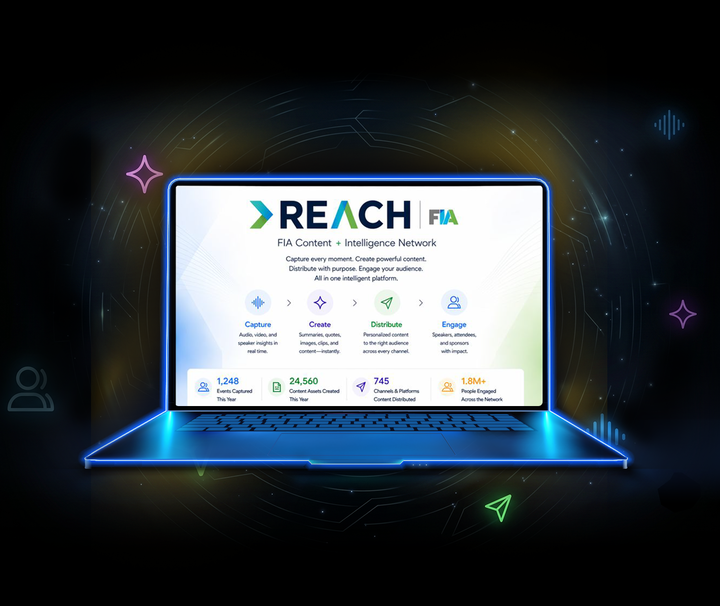 The FIA Reach content and intelligence network shown on a laptop